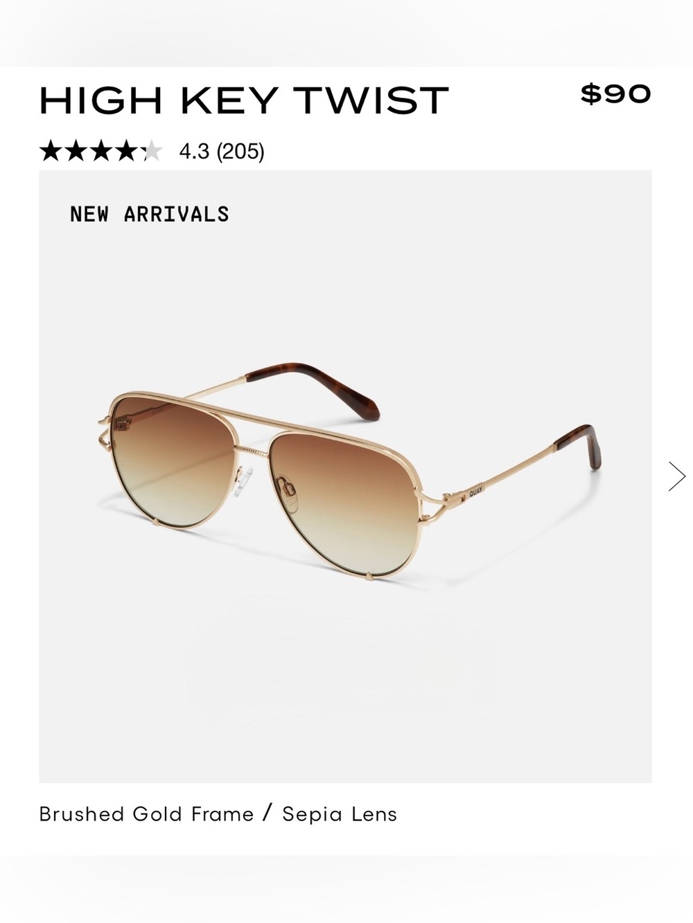 Quay Australia High Key Twist Sunglasses - Brushed Gold Frame, Sepia Lens